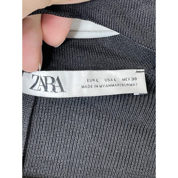 Zara Dress Womens Large Black Cutout Long Sleeve Ribbed Knit Bodycon Mini - Picture 6 of 9